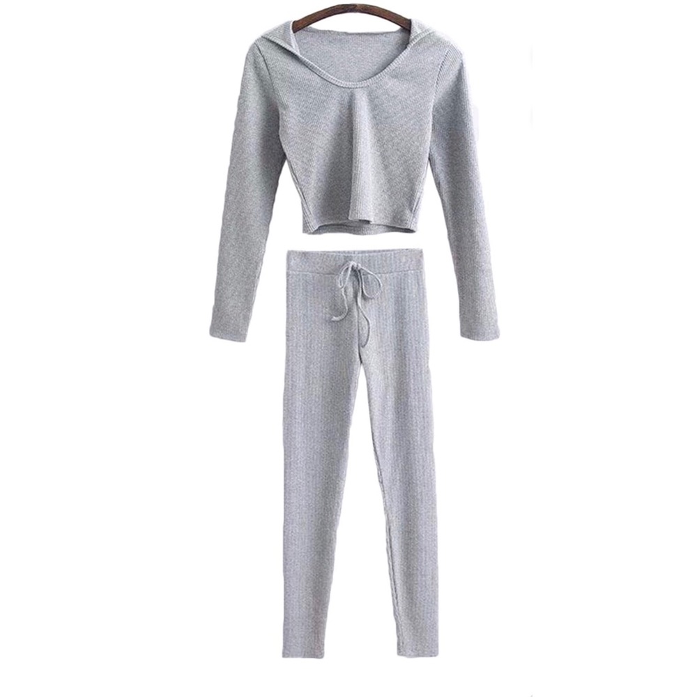 Grey cropped hoodie and raw hem bottoms lounge set